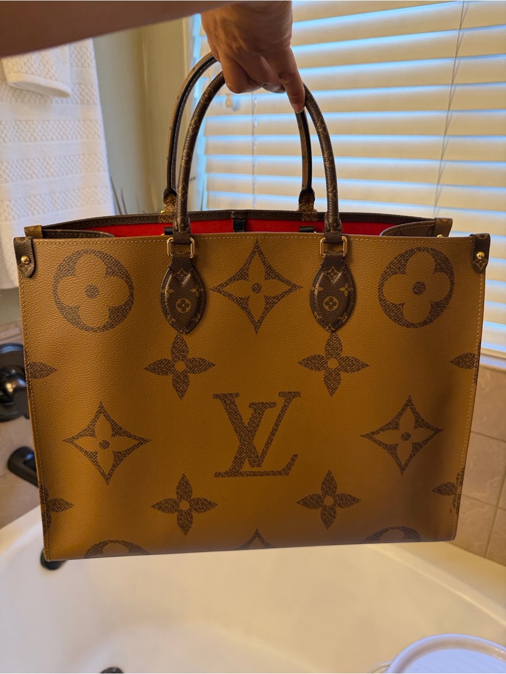 Louis Vuitton Monogram Canvas Tote with Black Straps and Red Interior - Picture 4 of 12